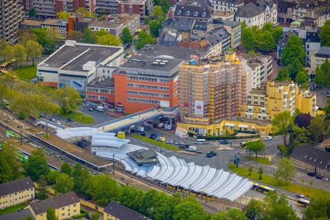 Aerial photo, construction site Kaiser-Otto-Residenz Essen, railway and bus station Steeler Platz,
