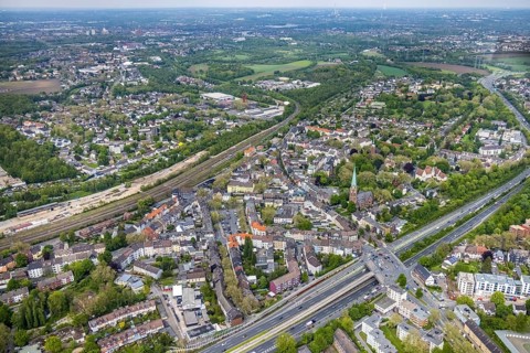 Aerial view, St. Barbara Church and local view Essen-Kray, Essen, Ruhr area, North