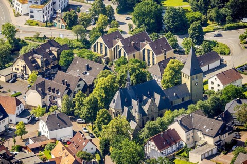 Aerial view, St. Lambertus Church in Bremen, Ense, Sauerland, North Rhine-Westphalia, Germany,