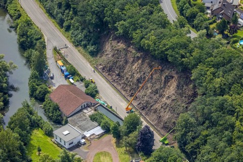 Aerial view, flood after heavy rainfall, Niederense, Ense, Sauerland, North Rhine-Westphalia,