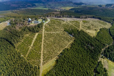 Aerial view, forest damage in restricted military area, radar dome and radar station on Ebschloh