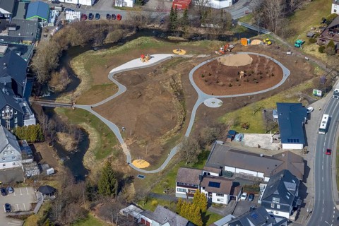 Aerial view, construction site, new playground on Marburger Straße, river Eder, Erndtebrück,