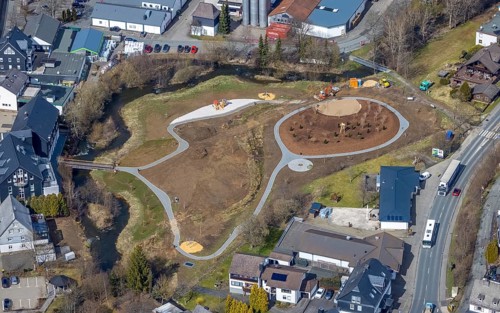 Aerial view, construction site, new playground on Marburger Straße, river Eder, Erndtebrück,