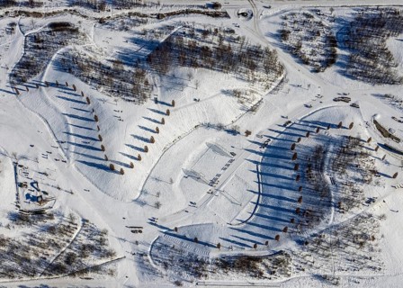 Aerial view, shadow play in snow-covered Krupp Park, Westviertel, Essen, Ruhr area, North