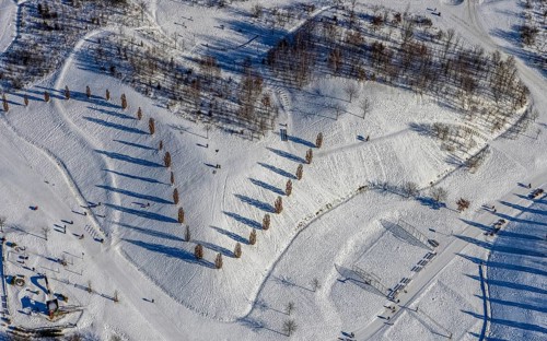 Aerial view, shadow play in snow-covered Krupp Park, Altendorf, Essen, Ruhr area, North