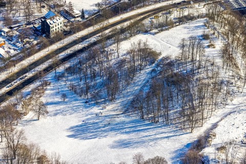 Aerial view, trees in the snow. in Volkspark, Essen-Bochold, Essen, Ruhr area, North