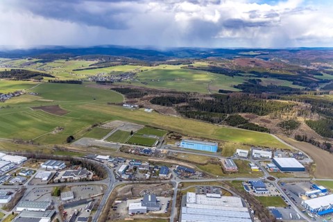 Aerial view, commercial area and town view Leimstruth, Erndtebrück, Siegerland, North