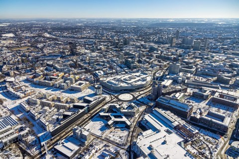Aerial view, city, Limbecker Platz, headquarters Funke Mediengruppe, Jakob-Funke-Platz, Berliner
