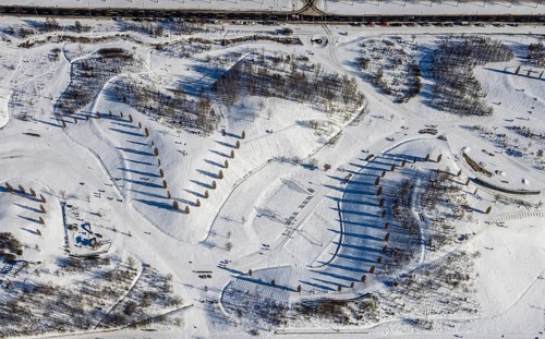 Aerial view, shadow play in snow-covered Krupp Park, Westviertel, Essen, Ruhr area, North