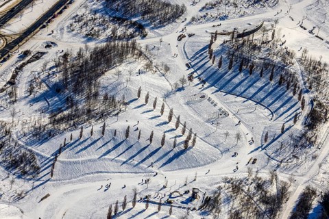 Aerial view, shadow play in snow-covered Krupp Park, Altendorf, Essen, Ruhr area, North