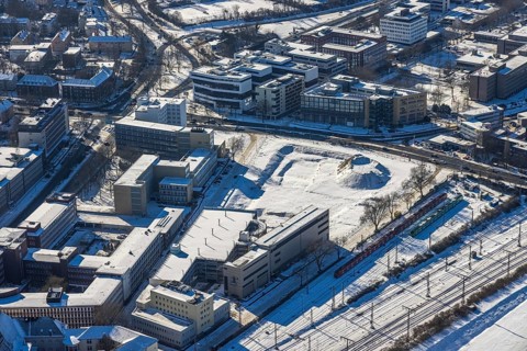 Aerial view, construction area new literature quarter, demolition work former newspaper quarter,