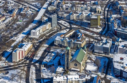 Aerial view, Pferdemarkt, St. Gertrud church, high-rise building ZIM university department,