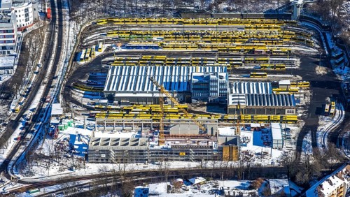 Aerial view, construction site, new hall construction Ruhrbahn depot, city centre, Essen, Ruhr