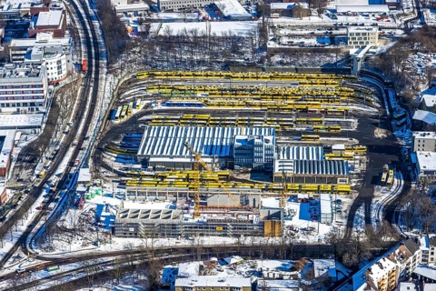 Aerial view, construction site, new hall construction Ruhrbahn depot, city centre, Essen, Ruhr