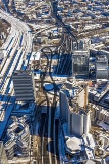 Aerial view, innogy high-rise building, construction site demolition RWE Haus, Südviertel, Essen,