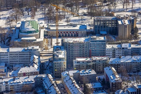 Aerial view, Philharmonie Essen, Sheraton Essen Hotel, construction site, new building complex with