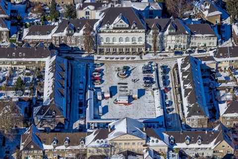 Aerial view, garden city Margarethenhöhe, Kleiner Markt, Gasthaus zur Margarethenhöhe, Essen, Ruhr