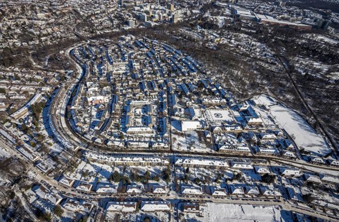 Aerial view, garden city Margarethenhöhe, Essen, Ruhr area, North Rhine-Westphalia, Germany, DE,