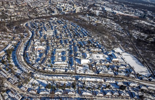 Aerial view, garden city Margarethenhöhe, Essen, Ruhr area, North Rhine-Westphalia, Germany, DE,