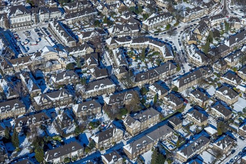 Aerial view, Margarethenhöhe, residential buildings Stiller Weg corner Hoher Weg, garden sheds,