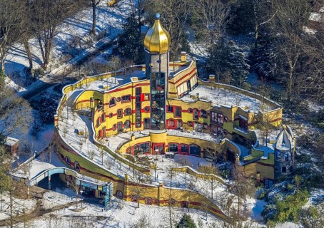 Aerial view, Ronald McDonald House, Hundertwasser House, Margarethenhöhe, Essen, Ruhr area, North
