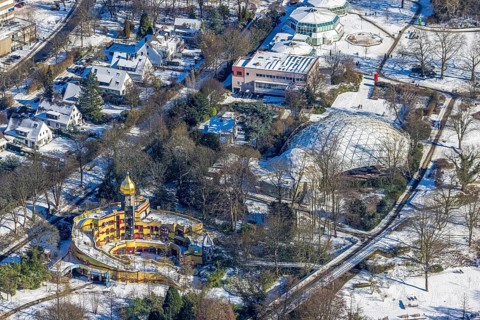Aerial view, Ronald McDonald House, Hundertwasser House, Margarethenhöhe, Essen, Ruhr area, North