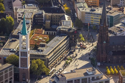 Aerial view, Heinrich-König-Platz in the city centre with Old Tower and Provost Church of St.
