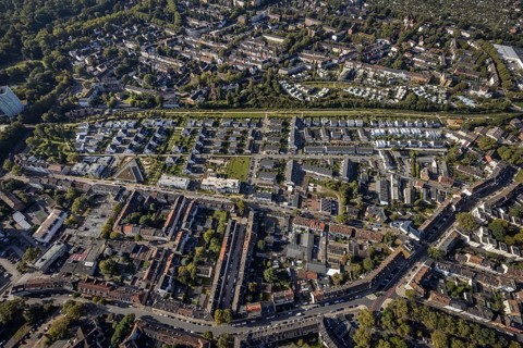 Aerial view, terraced house housing estate between Feldahornstraße and Rheinische Straße in the