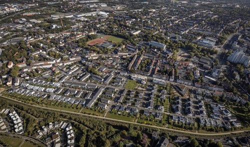 Aerial view, terraced house housing estate between Feldahornstraße and Rheinische Straße as well as