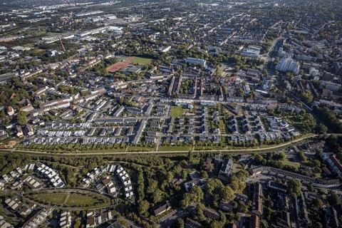 Aerial view, terraced house housing estate between Feldahornstraße and Rheinische Straße as well as