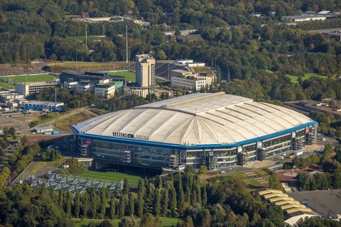 Aerial view, VELTINS-Arena Bundesliga stadium of FC Schalke 04 in the Erle district of