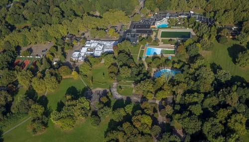 Aerial view, sports and health park with sauna, brine and wellness in Revierpark Nienhausen in the