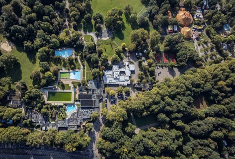 Aerial view, sports and health park with sauna, brine and wellness in Revierpark Nienhausen in the