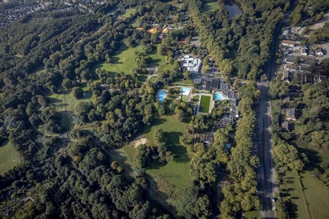 Aerial view, sports and health park with sauna, brine and wellness in Revierpark Nienhausen in the
