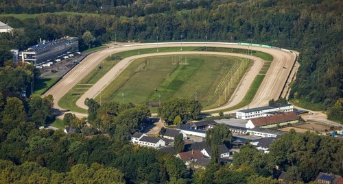 Aerial view, GelsenTrabPark trotting track in the Feldmark district of Gelsenkirchen, Ruhr area,