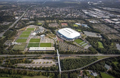 Aerial view, VELTINS-Arena Bundesliga stadium of FC Schalke 04 with training grounds in the