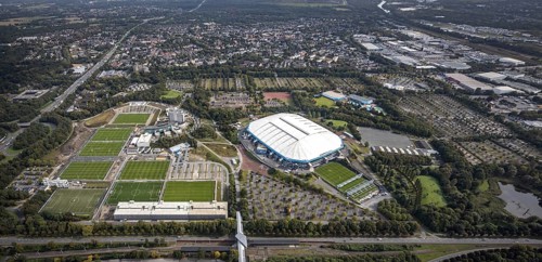 Aerial view, VELTINS-Arena Bundesliga stadium of FC Schalke 04 with training grounds in the