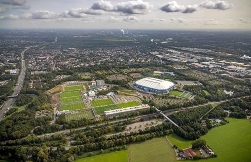 Aerial view, VELTINS-Arena Bundesliga stadium of FC Schalke 04 with training grounds in the