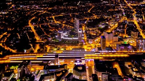 Aerial view, Essen central station, business district, Westenergie tower, demolition Ypsilon-Haus,