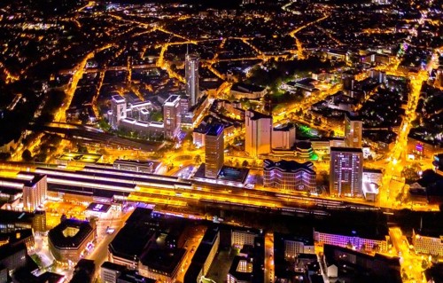 Aerial view, Essen central station, business district, Westenergie tower, demolition Ypsilon-Haus,
