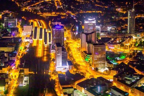 Aerial view, Essen central station, business district, Westenergie tower, demolition Ypsilon-Haus,