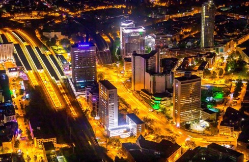 Aerial view, Essen central station, business district, Westenergie tower, demolition Ypsilon-Haus,
