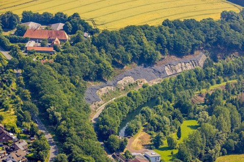 Aerial photograph, rockfall protection fences on the Möhne road, river Möhne, Niederense, Ense,