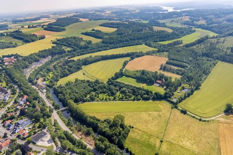 Aerial view, landscape conservation area Möhne valley, meadows and fields at the river Möhne,