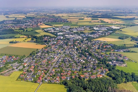Aerial view, industrial park Höingen and local view Höingen, Ense, Sauerland, North