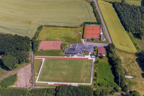 Aerial view, sports field Höingen, Ense, Sauerland, North Rhine-Westphalia, Germany, DE, Europe,