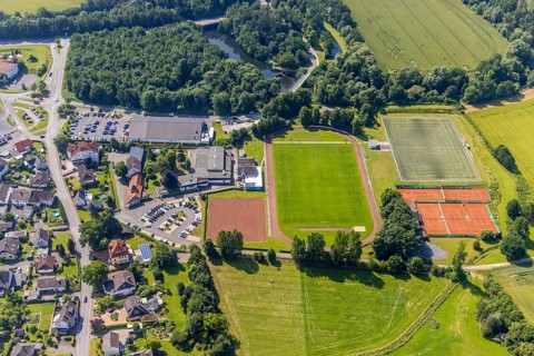 Aerial view, Edeka supermarket local supply centre, sports field Niederense, Hubertushalle