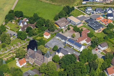 Aerial view, Church of St. Bernhard and Bernhardus School, Niederense, Ense, Sauerland, North