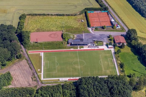 Aerial view, sports field Höingen, Ense, Sauerland, North Rhine-Westphalia, Germany, DE, Europe,
