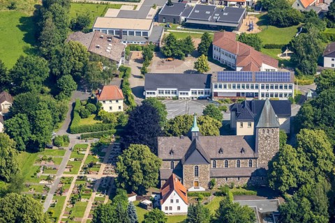 Aerial view, Church of St. Bernhard and Bernhardus School, Niederense, Ense, Sauerland, North